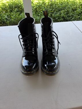 Dr. Martens Black Patent Lace-Up Boots with Yellow Stitching